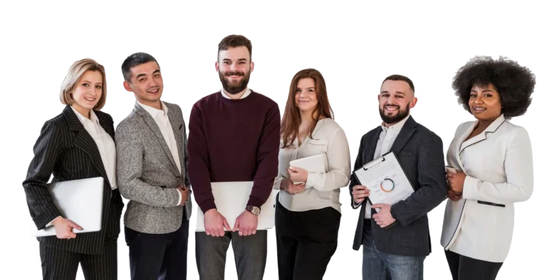a group of business professionals posing for a photo